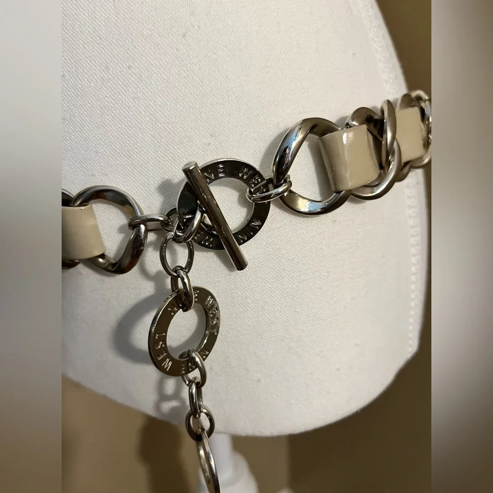 Nine West Women's Vinyl Taupe‎ Inlay Chain Link Sliver Belt Size 32” Length
